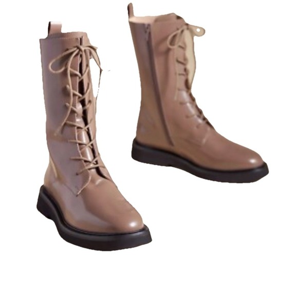 Anthropologie Pilcro Boots Stompy Genuine Patent Leather Lace Up Taupe 39 Combat